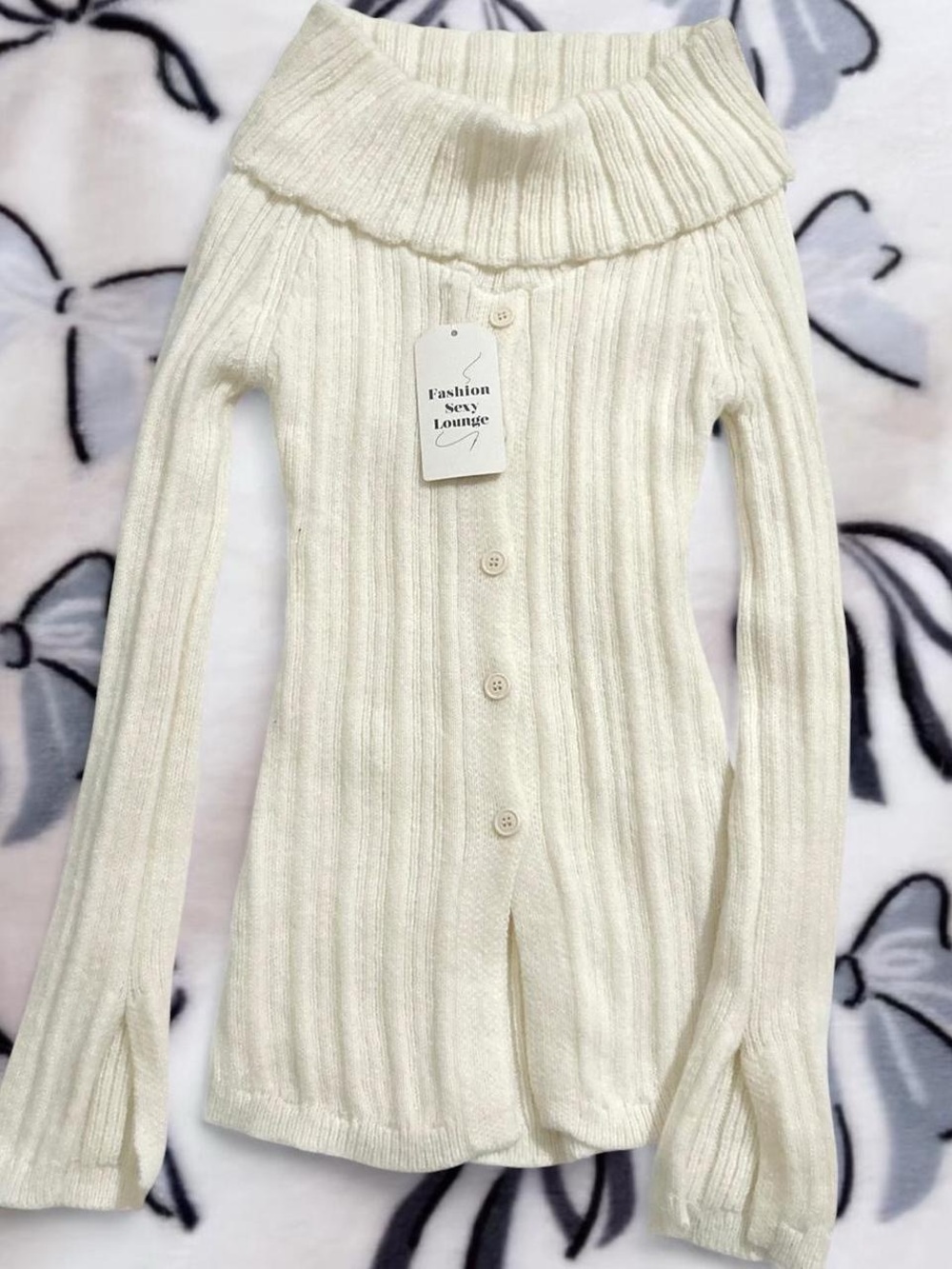 YesStyle Cream Off-Shoulder Ribbed Button-Front Sweater